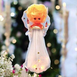 Vintage Angel Lighted Tree Topper Blue Eyes Blonde Hair Tulle Wings -Plug-In